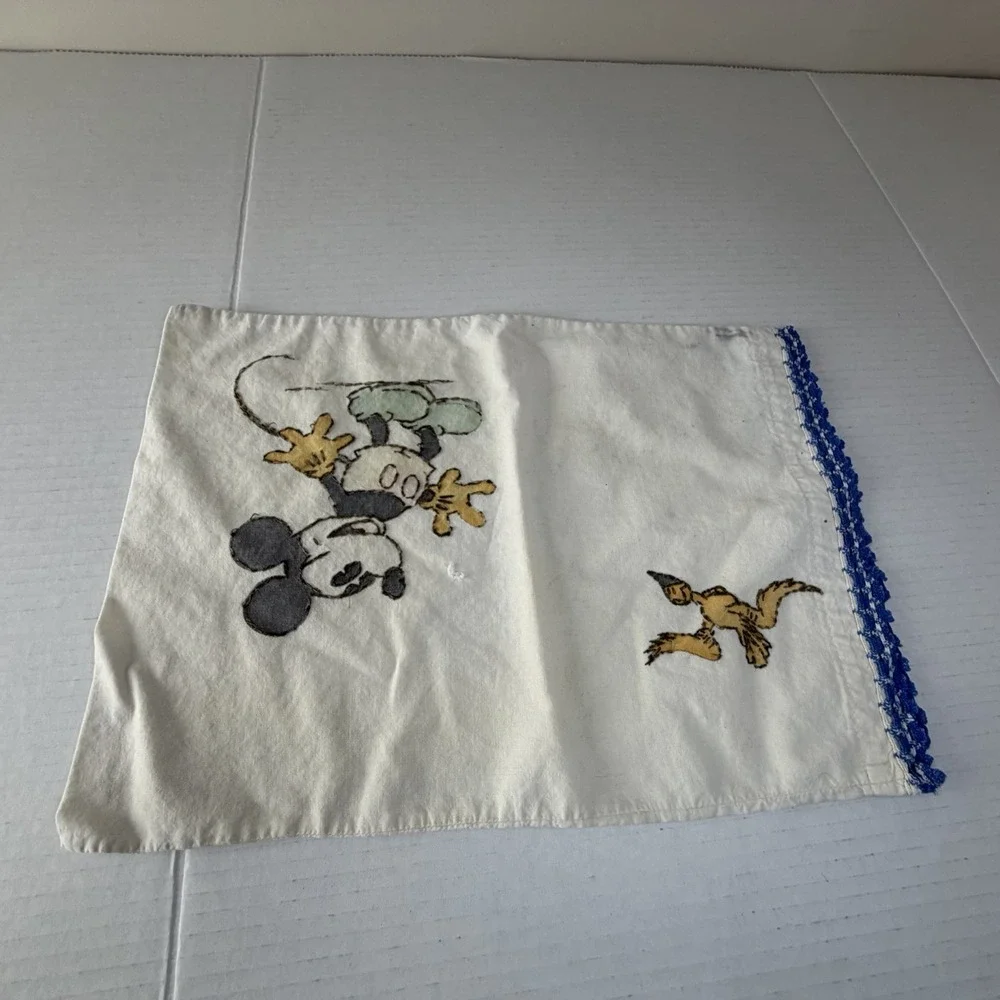 Vintage Cross Stitch Mickey Mouse &‎ Bird White Pillow Case Blue Crochet Small